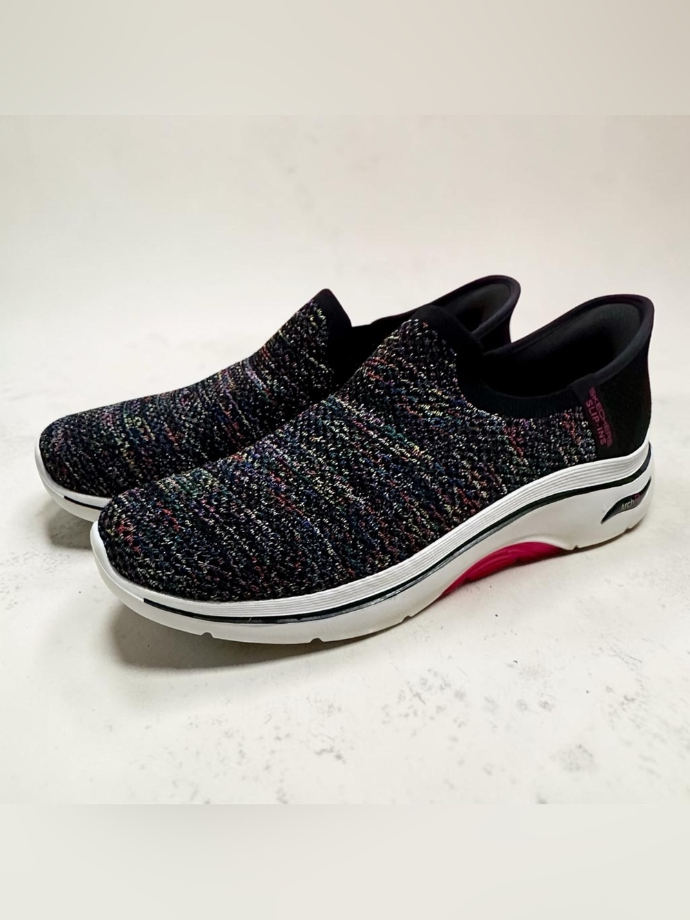 Skechers Slip-On Knit Walking Shoes in Black Metallic Multi Colored